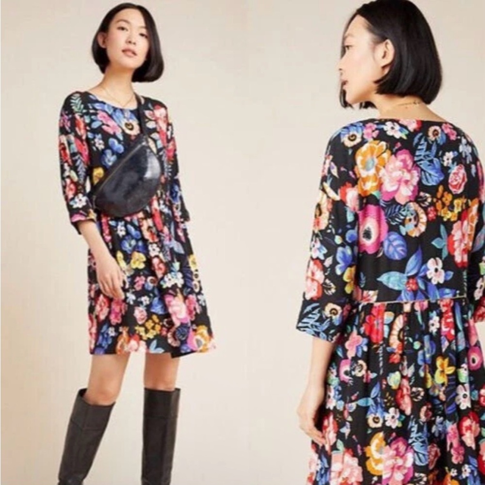 ANTHROPOLOGIE MAEVE Magnolia Floral Babydoll Bohemian Dress Tunic Sundress S